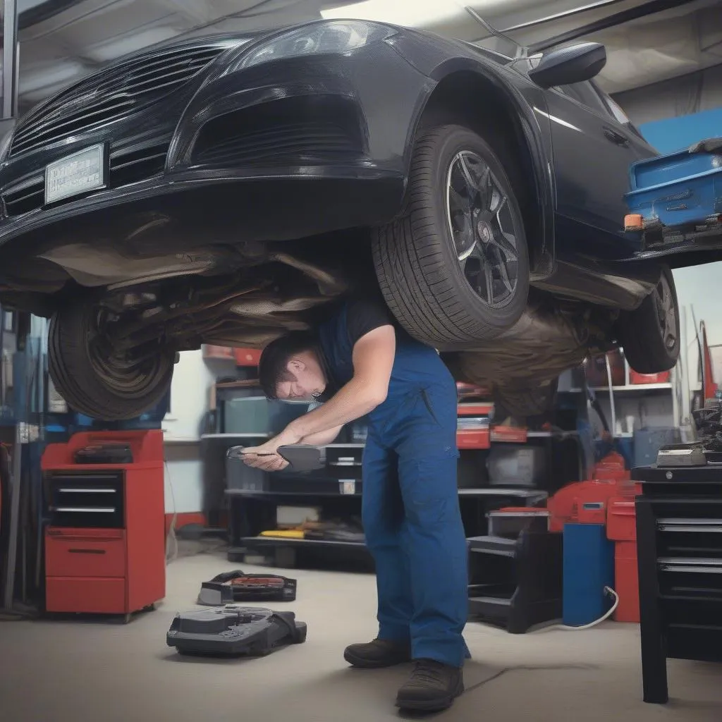 Mechanic Using a Diagnostic Tool to Troubleshoot a Car Problem