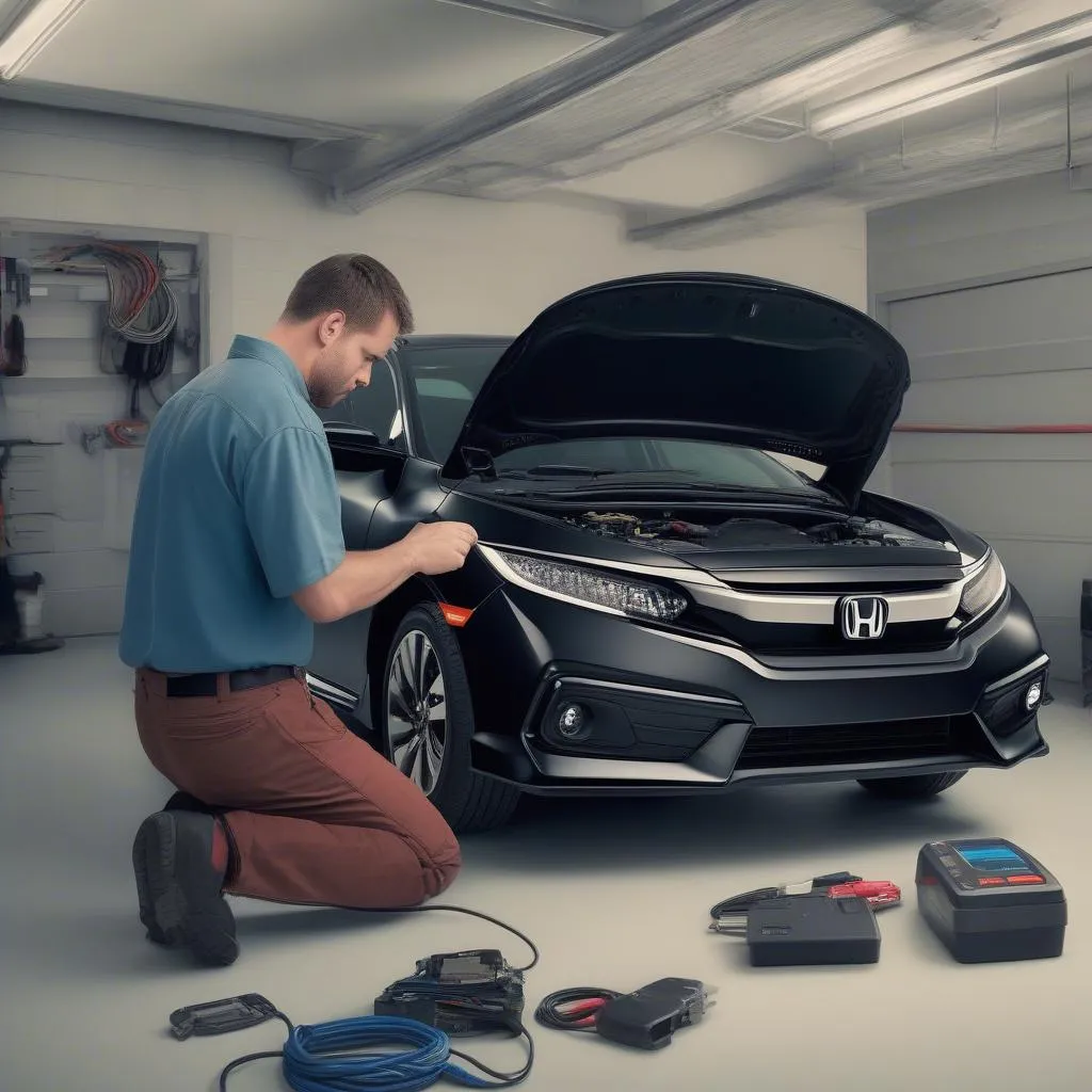 Mechanic Using OBD Scanner on Honda Civic