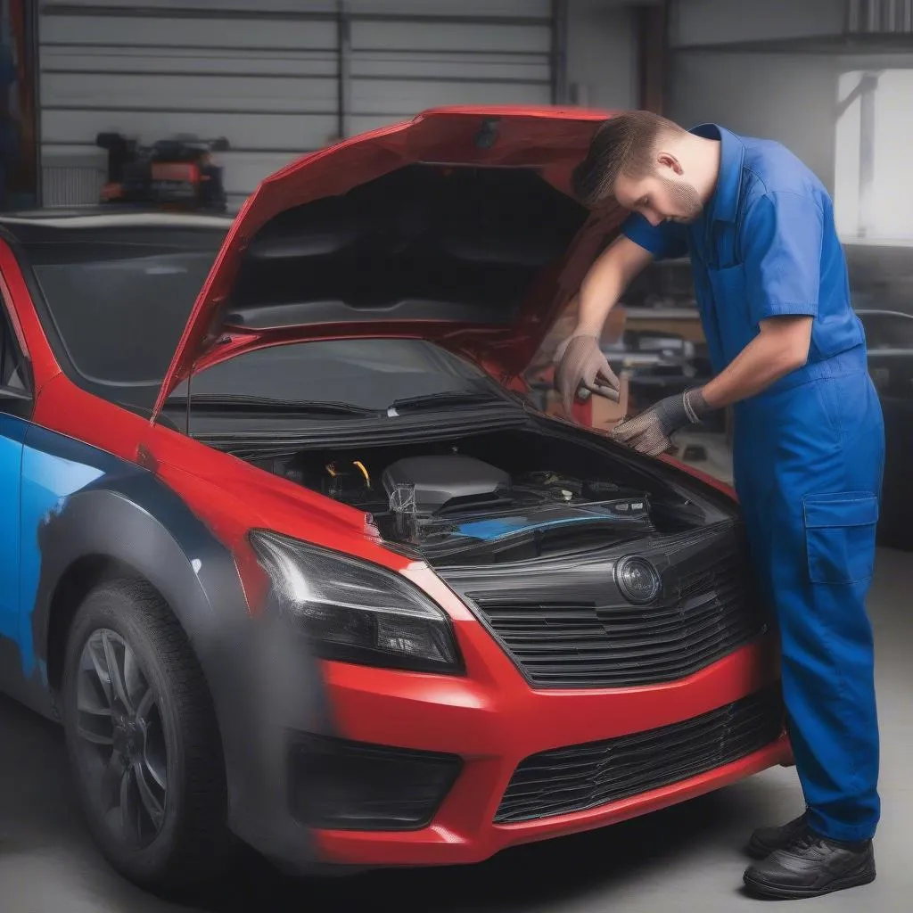 Mechanic using obd scanner on a car