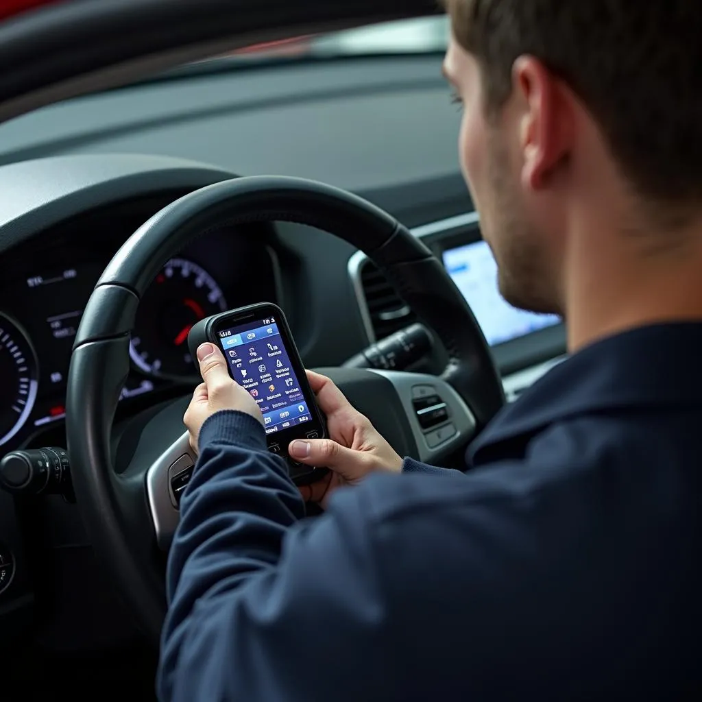 Mechanic Diagnosing Car with OBD Scanner