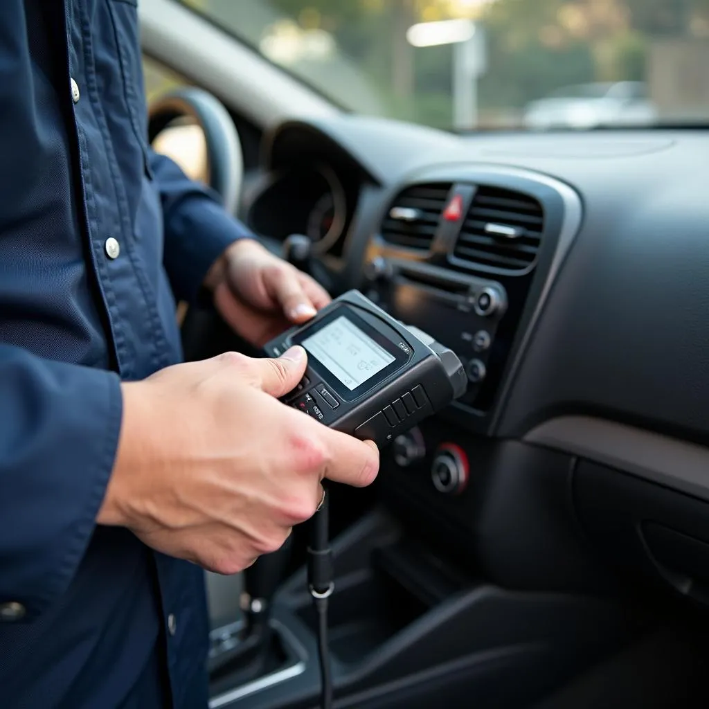 Mechanic Diagnosing a Car Issue with an OBD Scanner