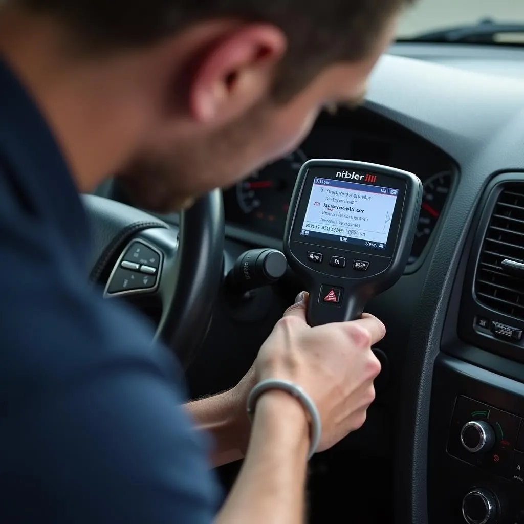 Mechanic diagnosing a car with an OBD scanner