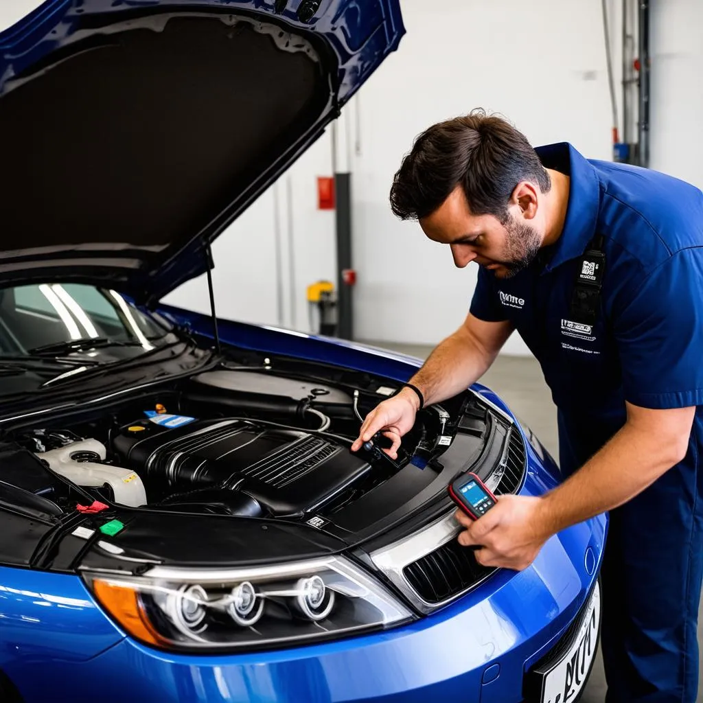 Mechanic Using OBD Scanner on a European Car