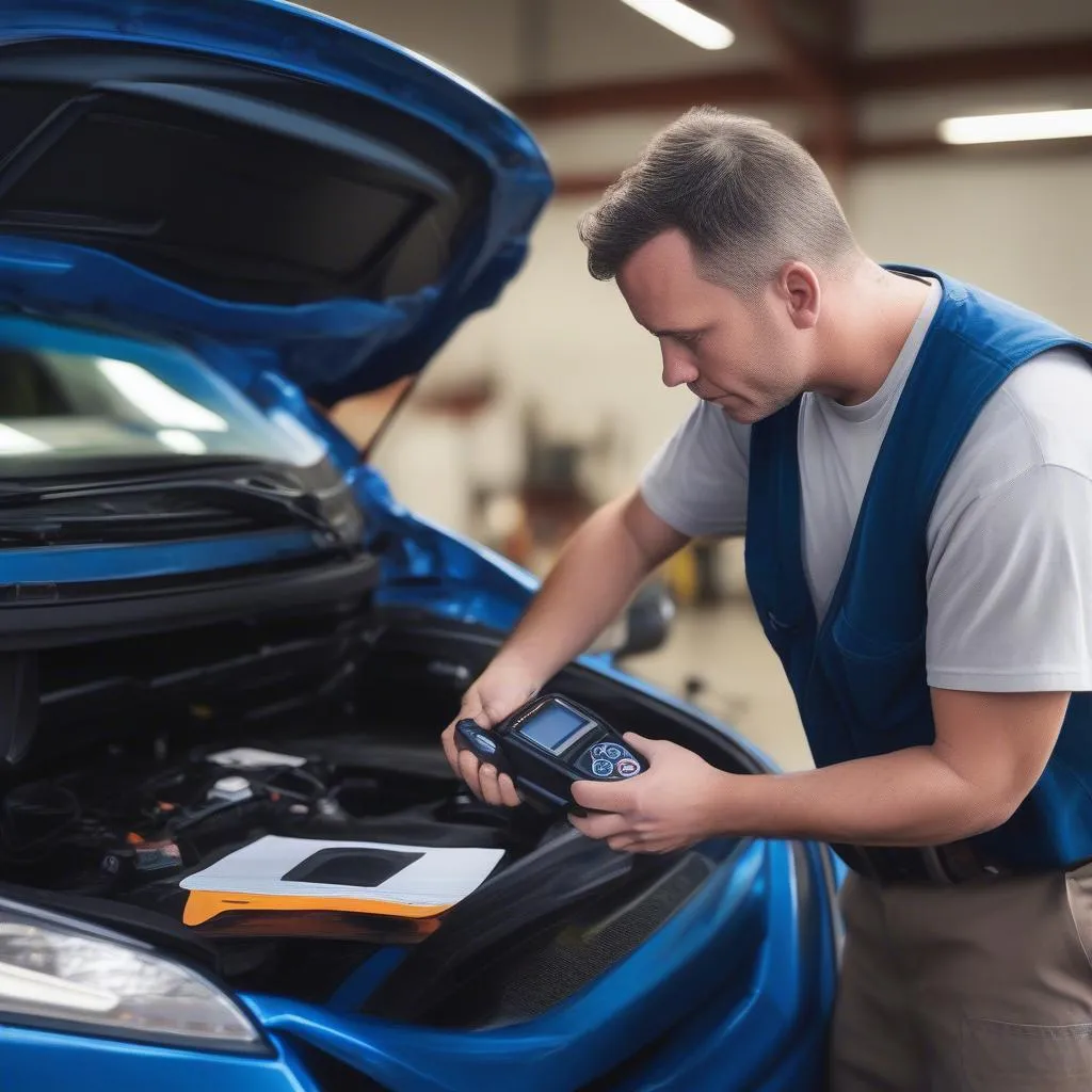 Mechanic Using OBD Scanner on Ford Escape in Garage