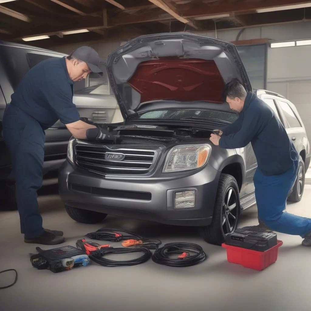 Mechanic using OBD scanner in garage