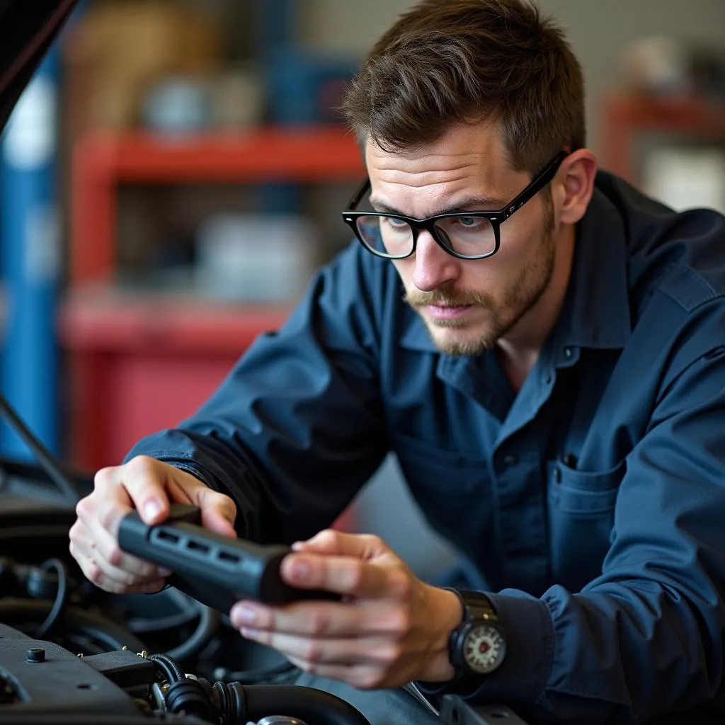 Mechanic using an OBD Scanner on a 3000GT 