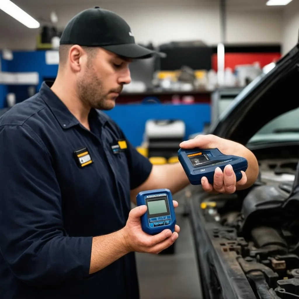 Mechanic Using OBD Scanner on a Car in a Garage