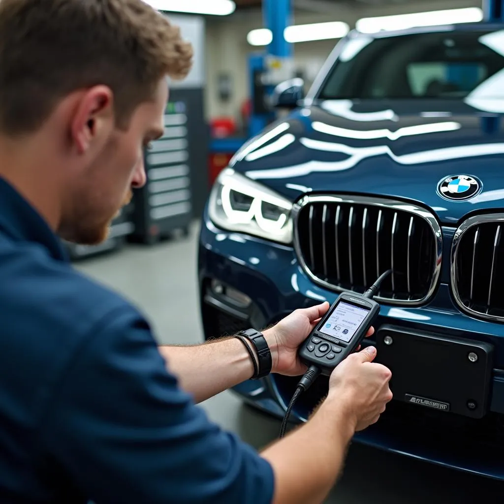 Mechanic Using OBD Scanner on BMW