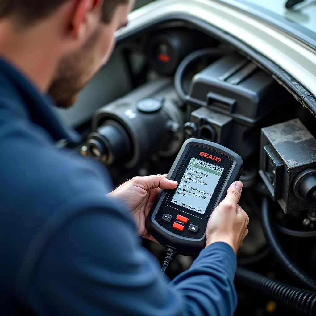 Mechanic Using OBD Scanner on Boat Engine