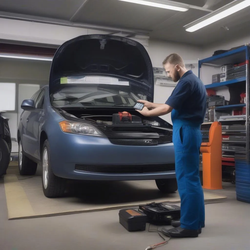 Mechanic Using OBD Scanner on Car