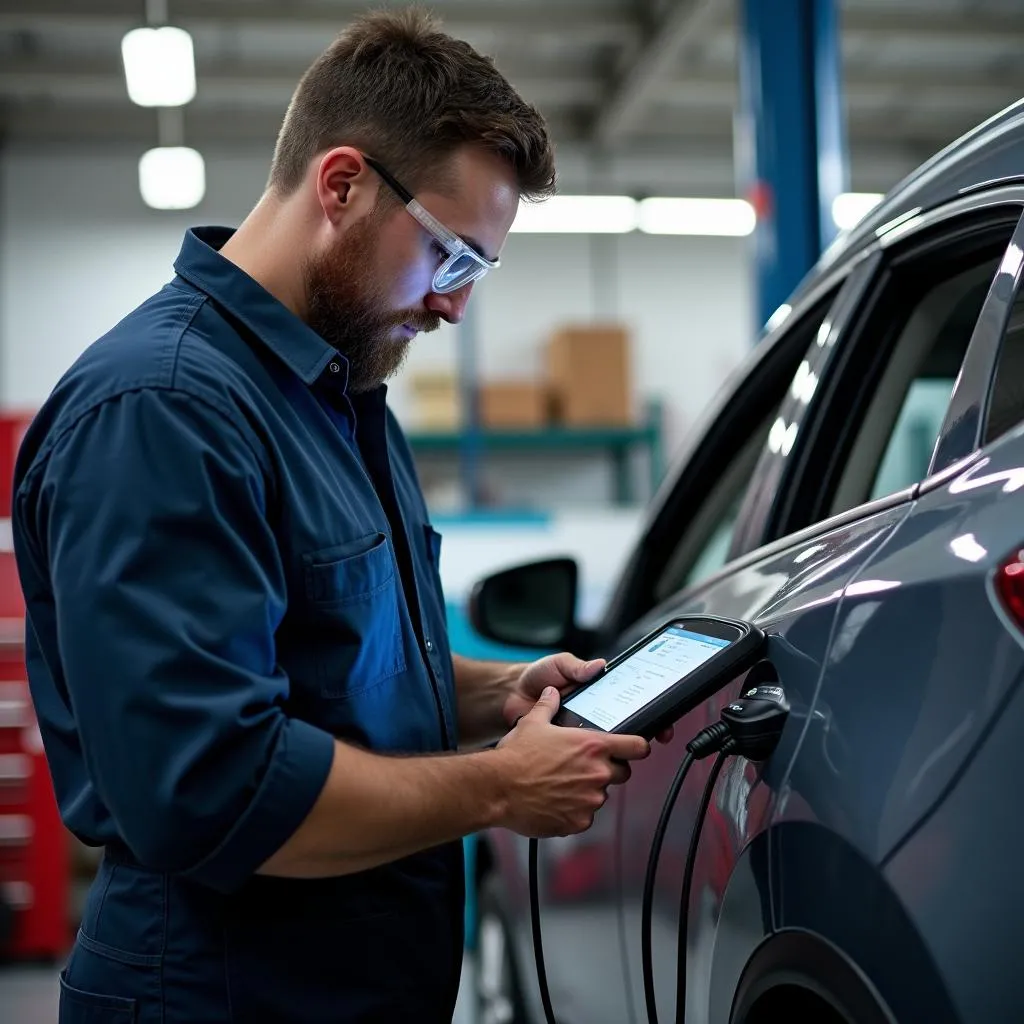 Mechanic using OBD scanner on a vehicle