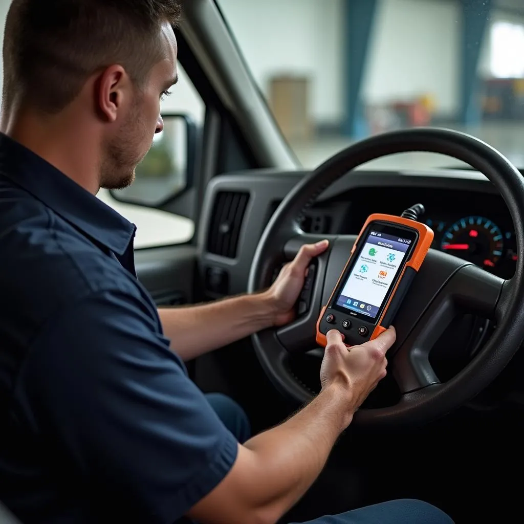 Mechanic using OBD scanner on a Chevy Express