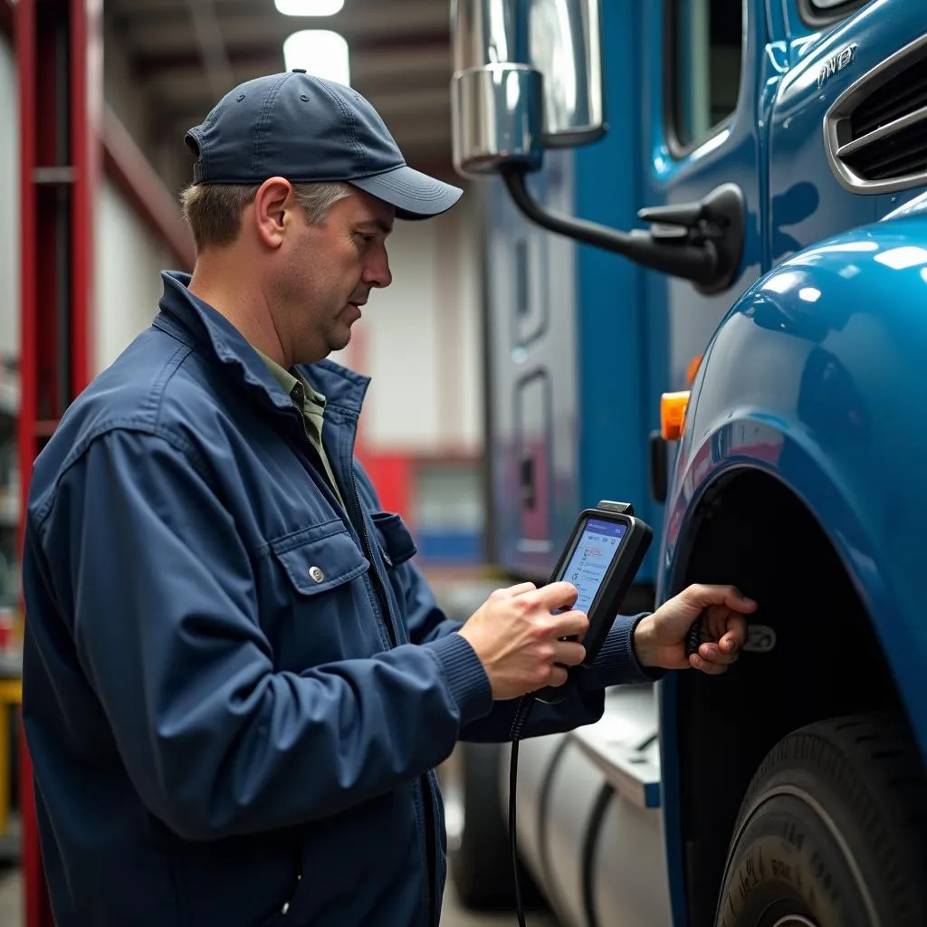 Mechanic Using OBD Scanner on Class 8 Truck