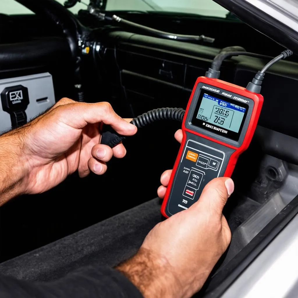 Mechanic Diagnosing a 2010 Dodge Ram Using an OBD-II Scanner