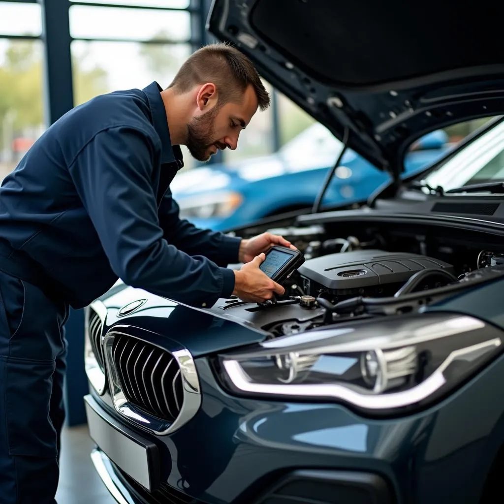 Mechanic Using OBD Scanner on a European Car