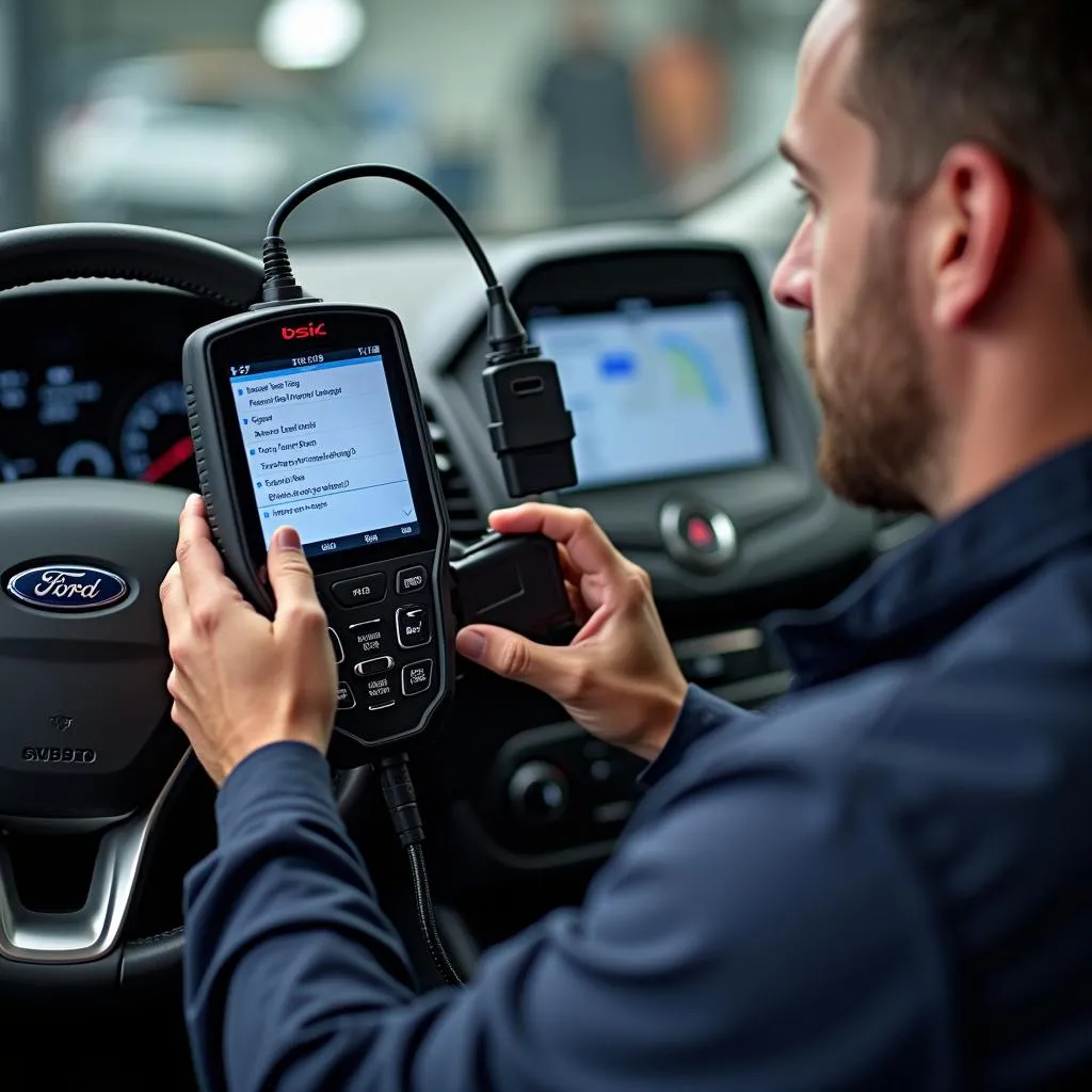 Mechanic Using OBD Scanner on Ford Fiesta