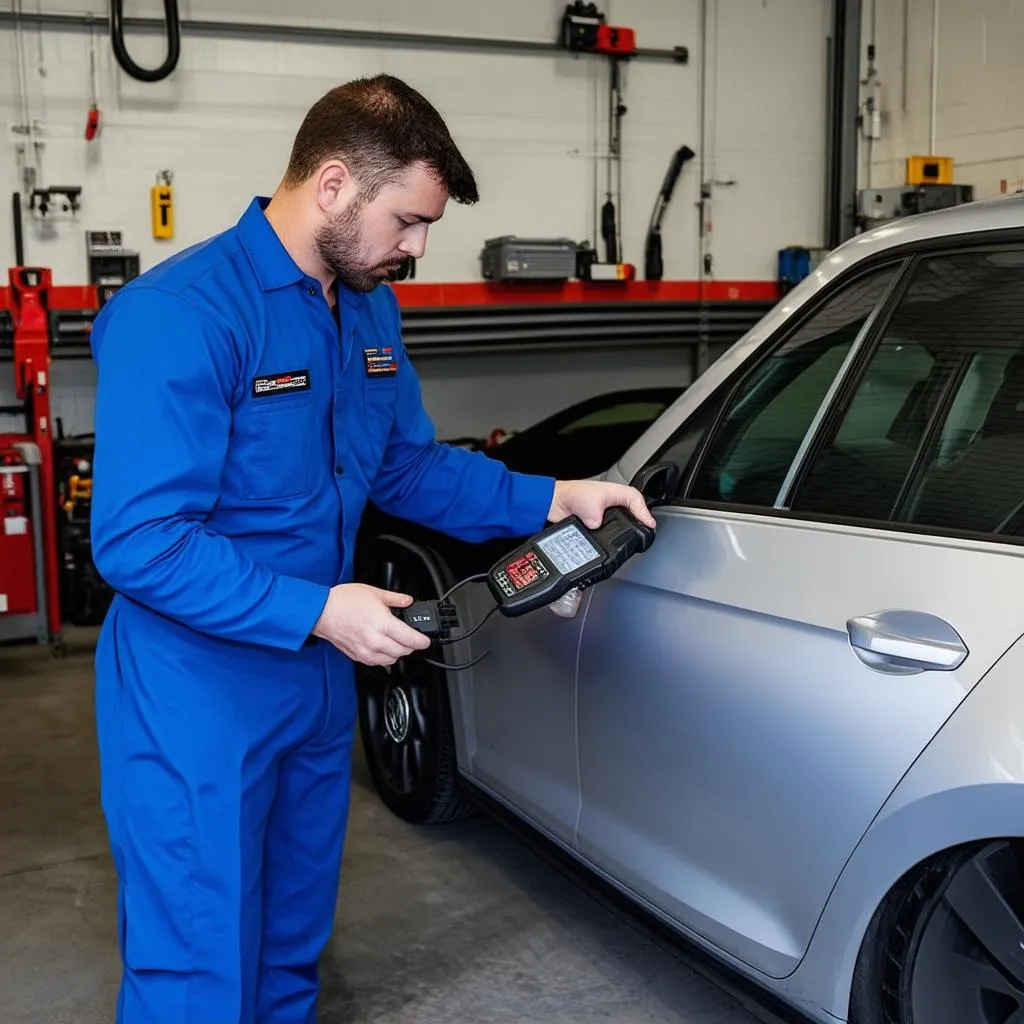 Mechanic using an OBD scanner on a Volkswagen Golf 4