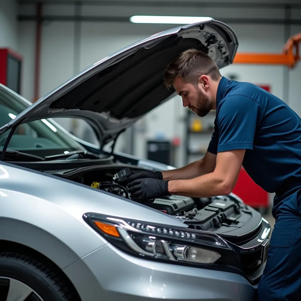 Mechanic Using OBD Scanner on Honda Civic