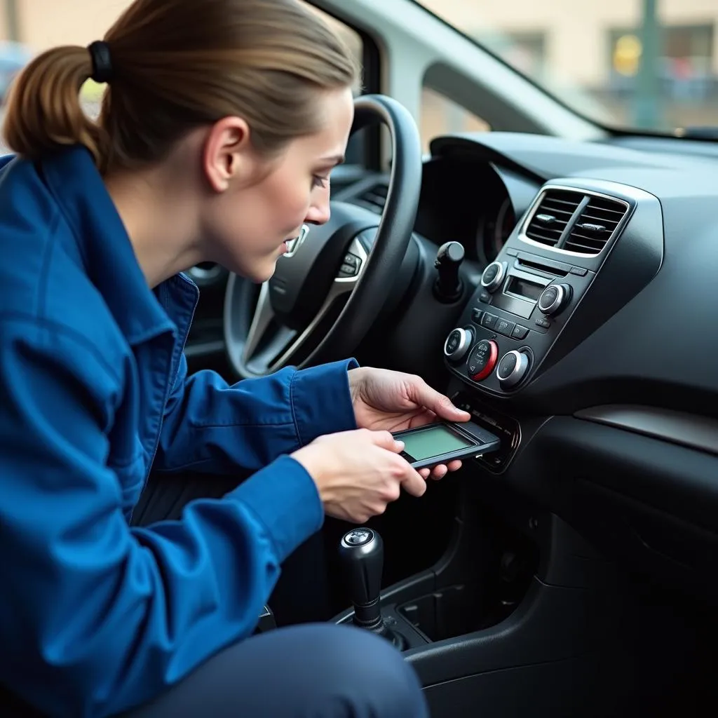 Mechanic Using OBD Scanner on Honda Fit