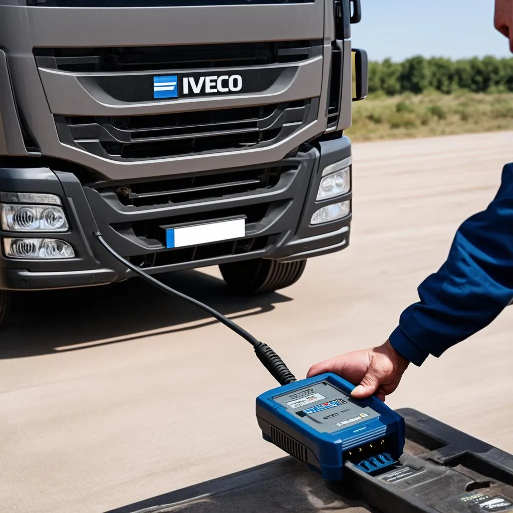 Mechanic using OBD scanner on Iveco Eurocargo