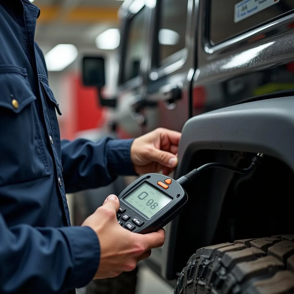 Mechanic using an OBD scanner to diagnose a Jeep