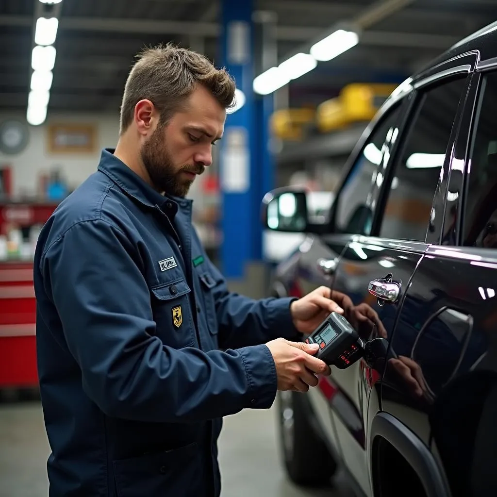 Mechanic using an OBD scanner on a Jeep Grand Cherokee