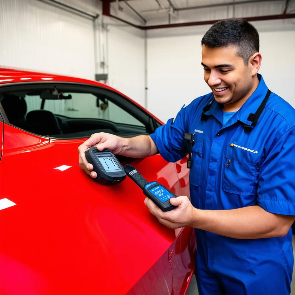 Mechanic Using OBD Scanner on Mazda 3