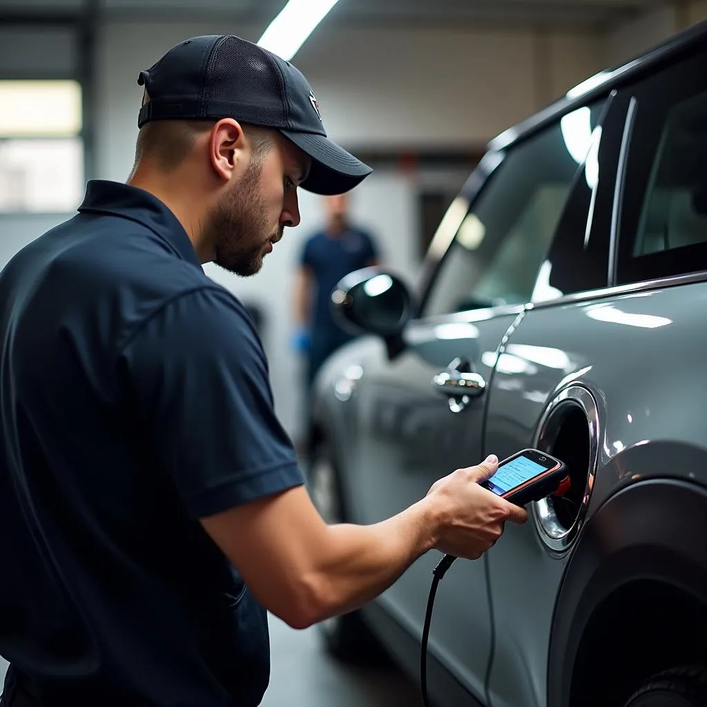 Mechanic Using OBD Scanner on Mini Cooper