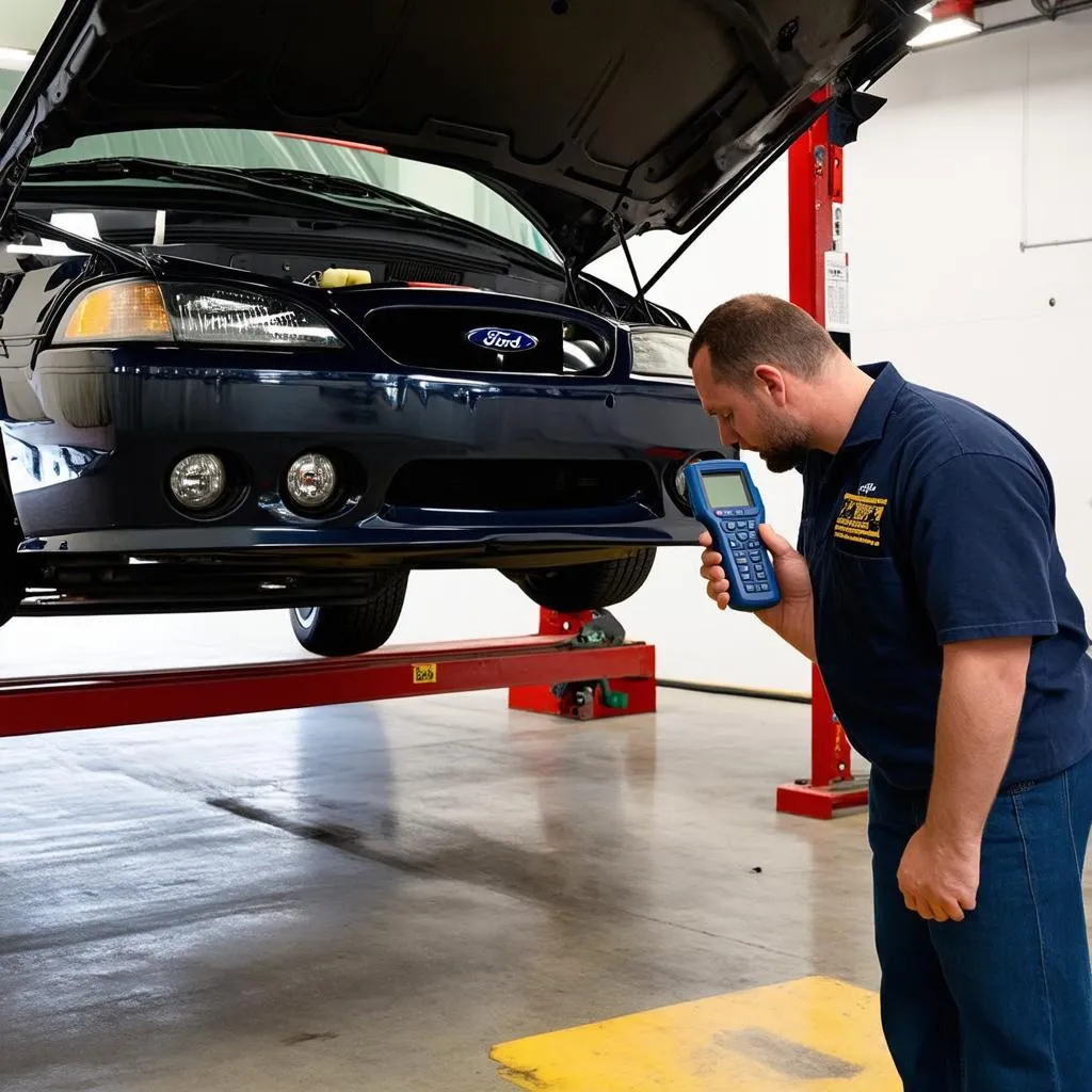 Mechanic Using OBD Scanner on Ford Mustang