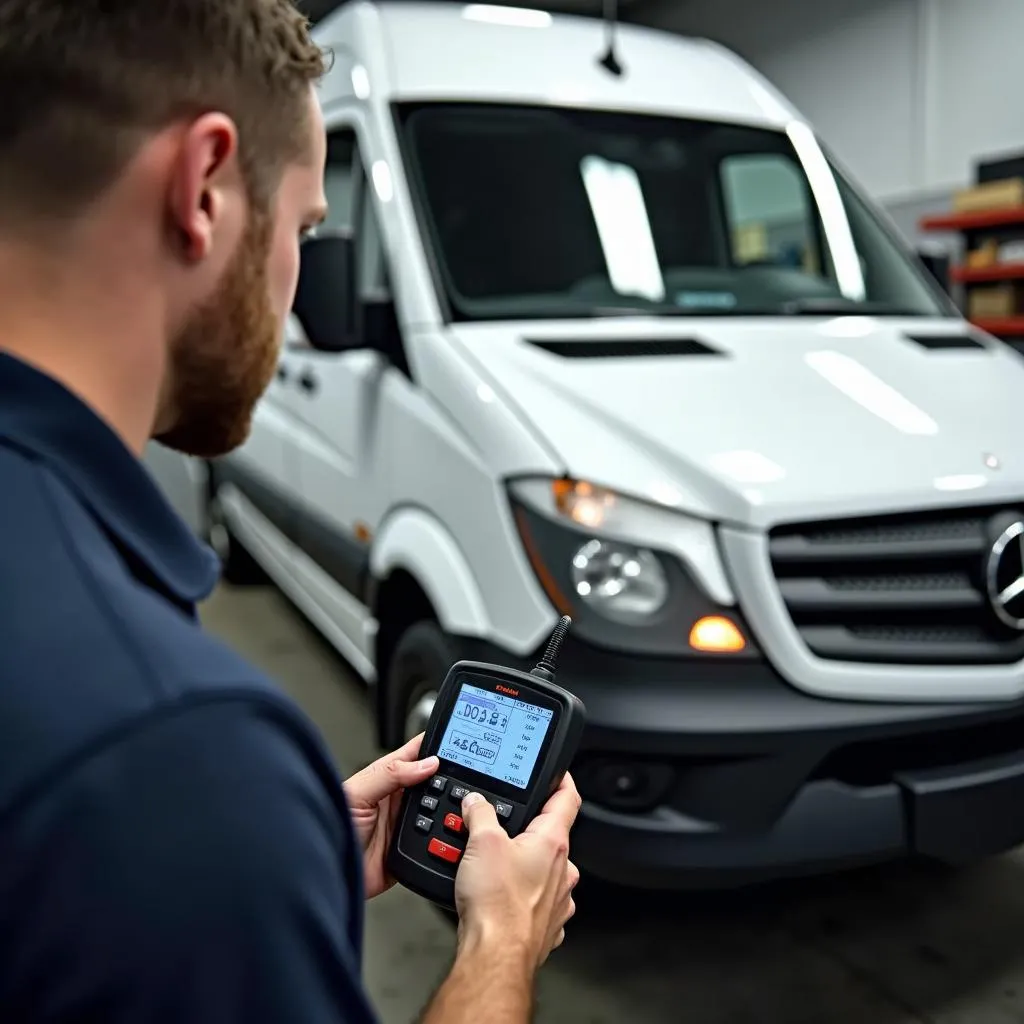 Mechanic connecting an OBD-II scanner to a Sprinter van