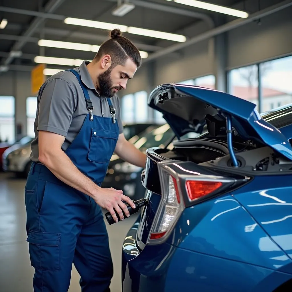 Mechanic Using OBD Scanner on Toyota Prius