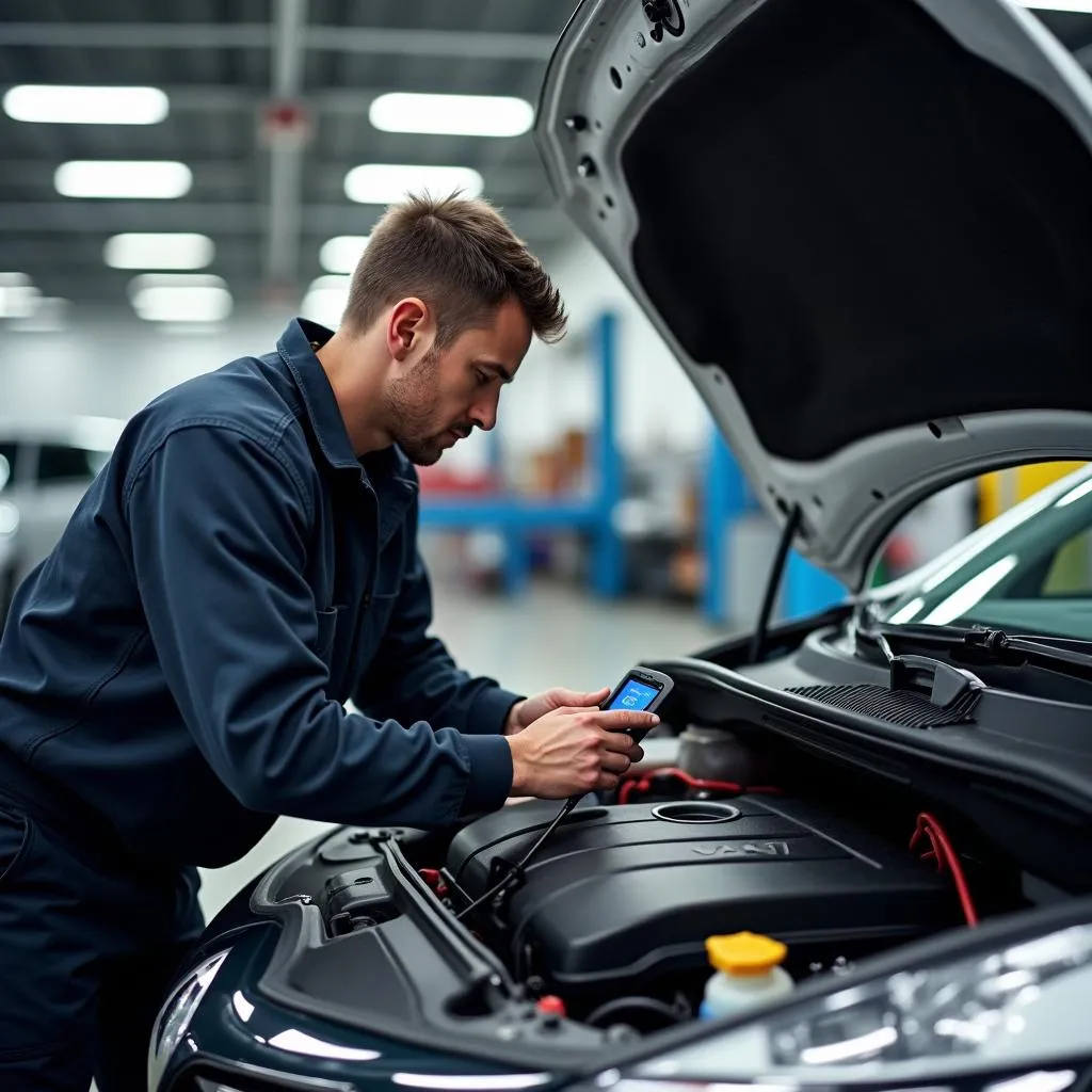 Mechanic diagnosing a Renault Clio with an OBD2 scanner