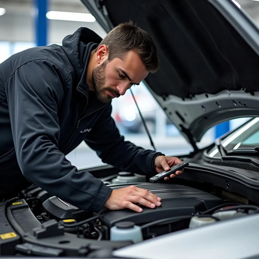 Mechanic Using OBD2 Scanner on BMW