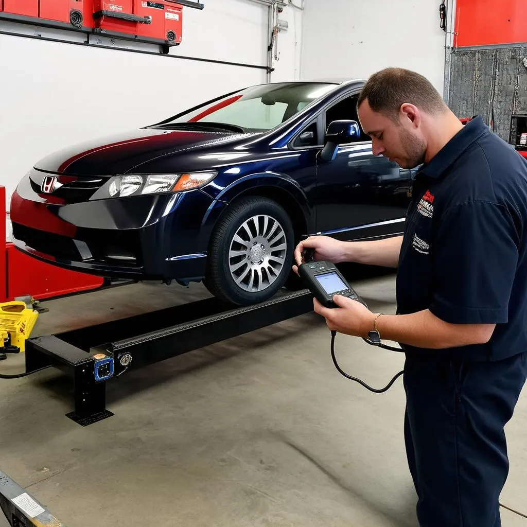 Mechanic Using OBD2 Scanner on 2008 Honda Civic Coupe