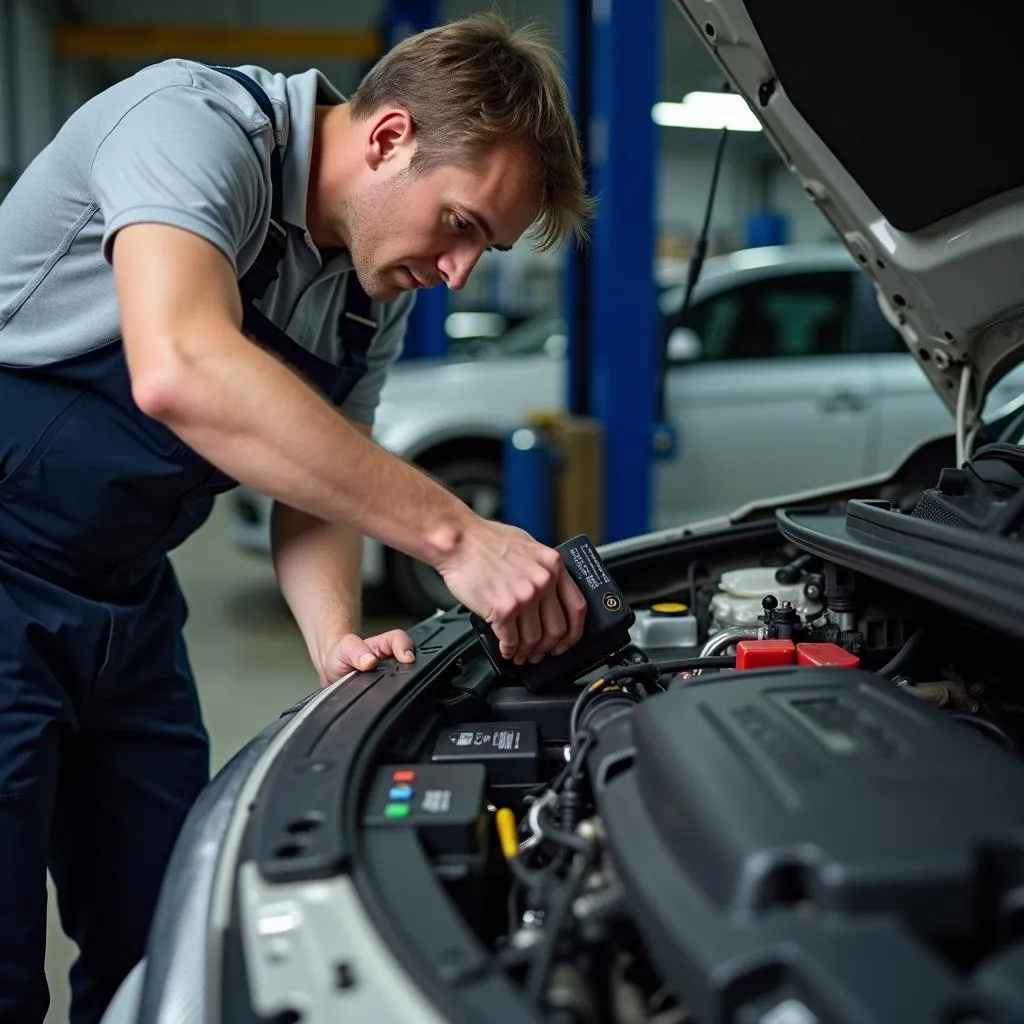 Mechanic connecting OBD2 scanner to a vehicle