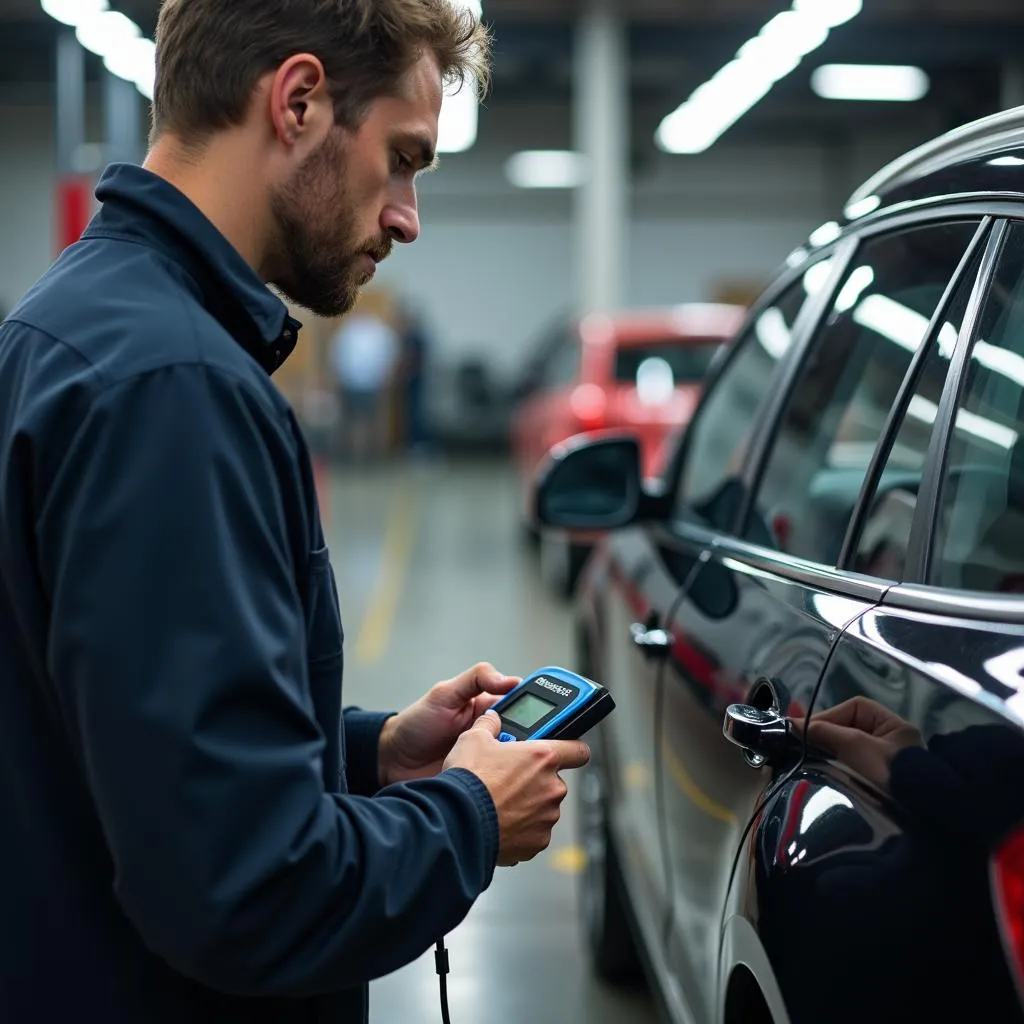 Mechanic Using OBD2 Scanner on Car