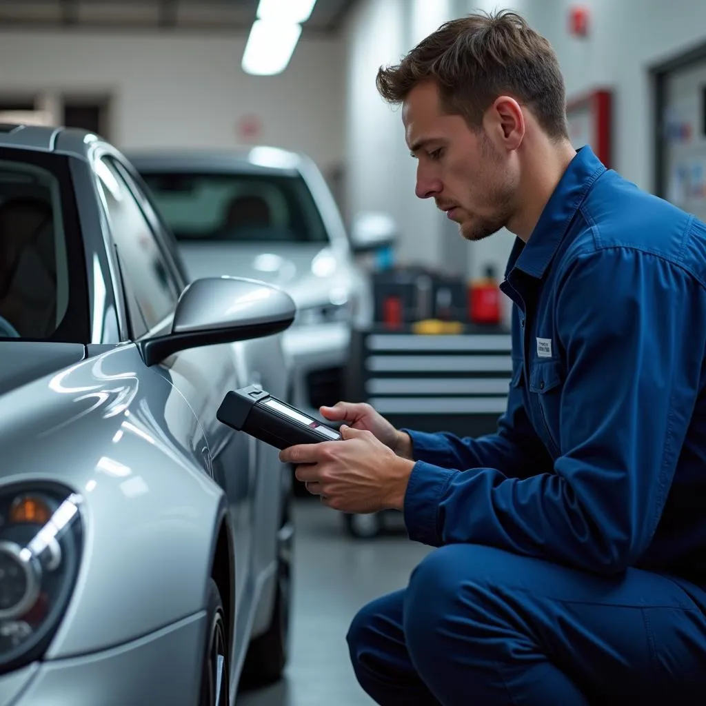 Mechanic Using OBD2 Scanner on Car in Garage