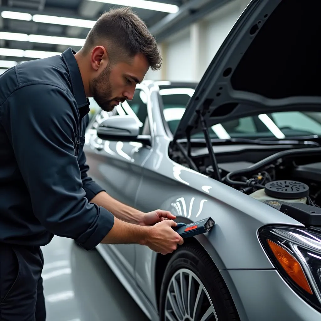 Mechanic Diagnosing a European Car with OBD2 Scanner