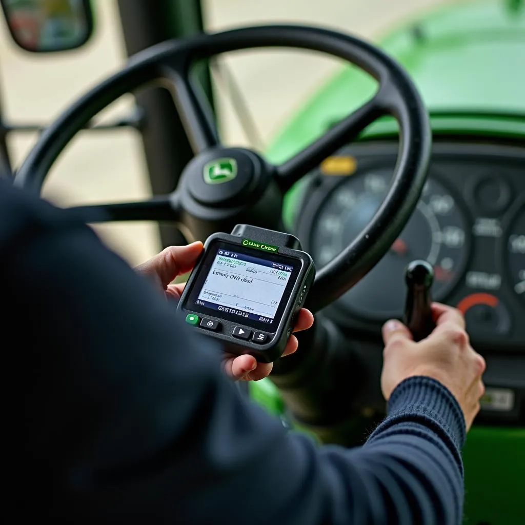 Mechanic using OBD2 scanner on John Deere