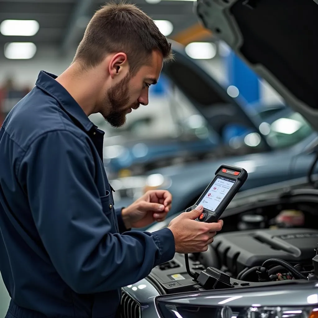 Mechanic Using OBD2 Scanner in Workshop