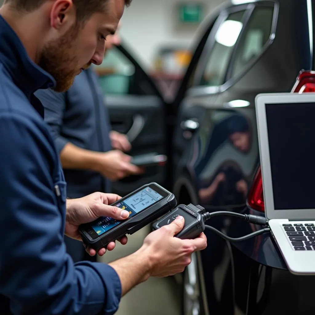 Mechanic using OBD2 splitter for diagnostics