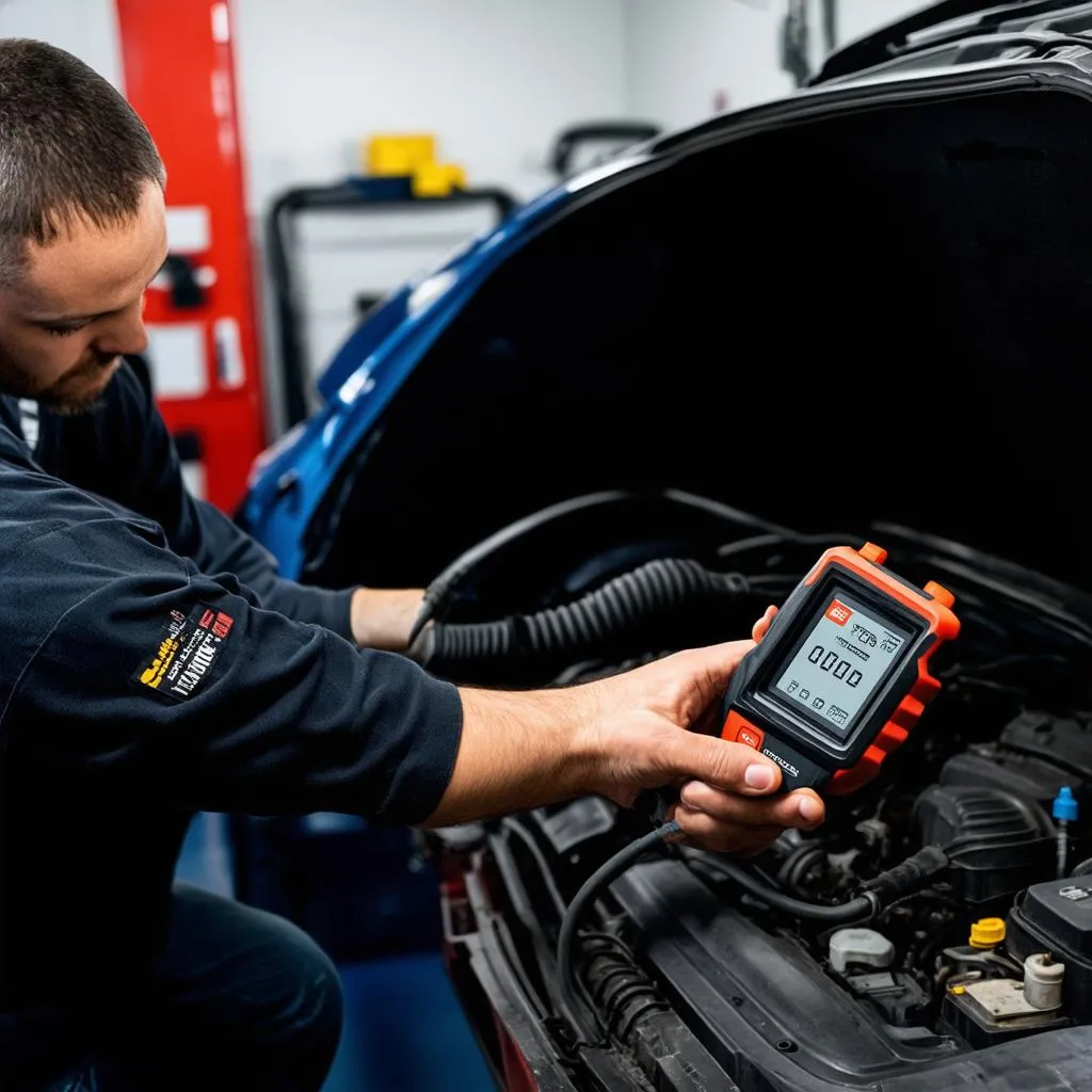 Mechanic using a professional-grade scanner to diagnose a car problem