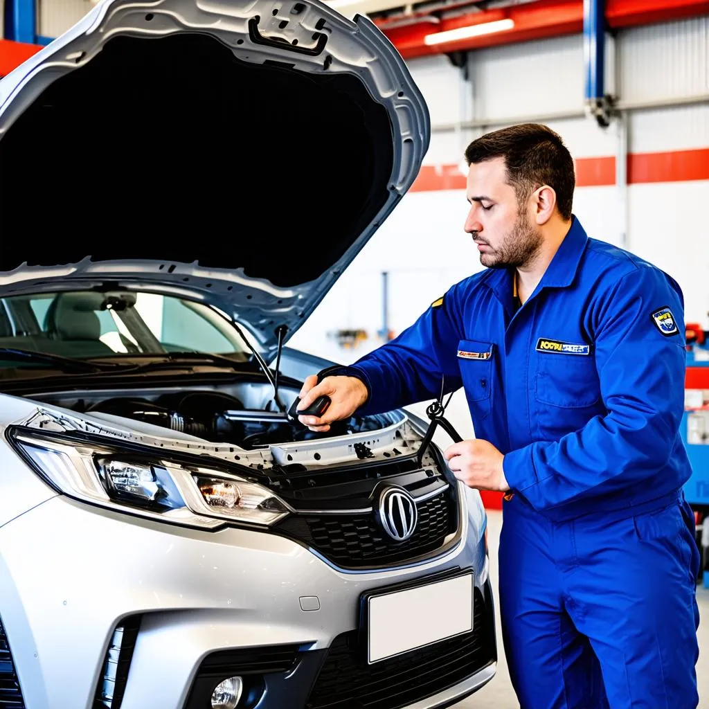 Mechanic diagnosing car problems with an OBD-II scanner in a garage