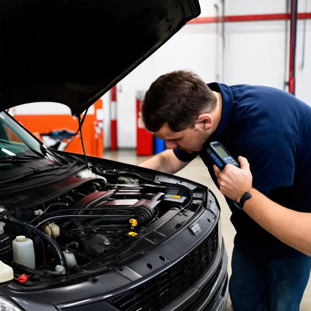 Mechanic Diagnosing Car with Scanner