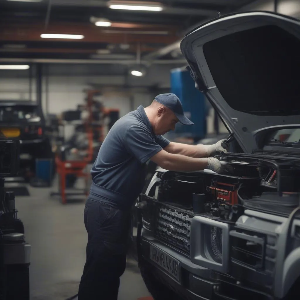 Mechanic using a diagnostic scanner