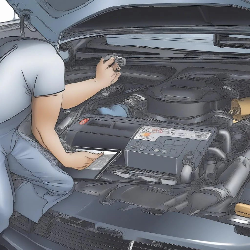 Mechanic using a scanner to diagnose a check engine light