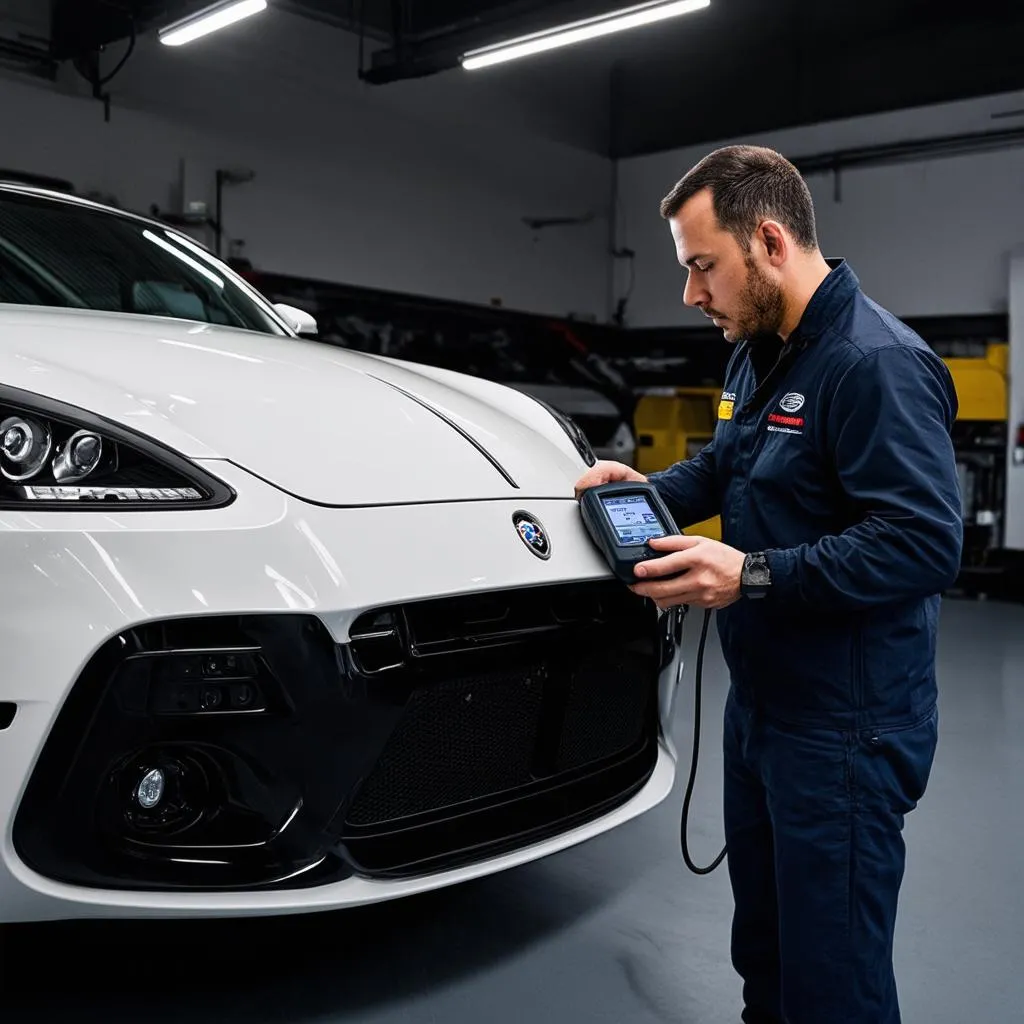 Mechanic using a diagnostic scanner on a European car