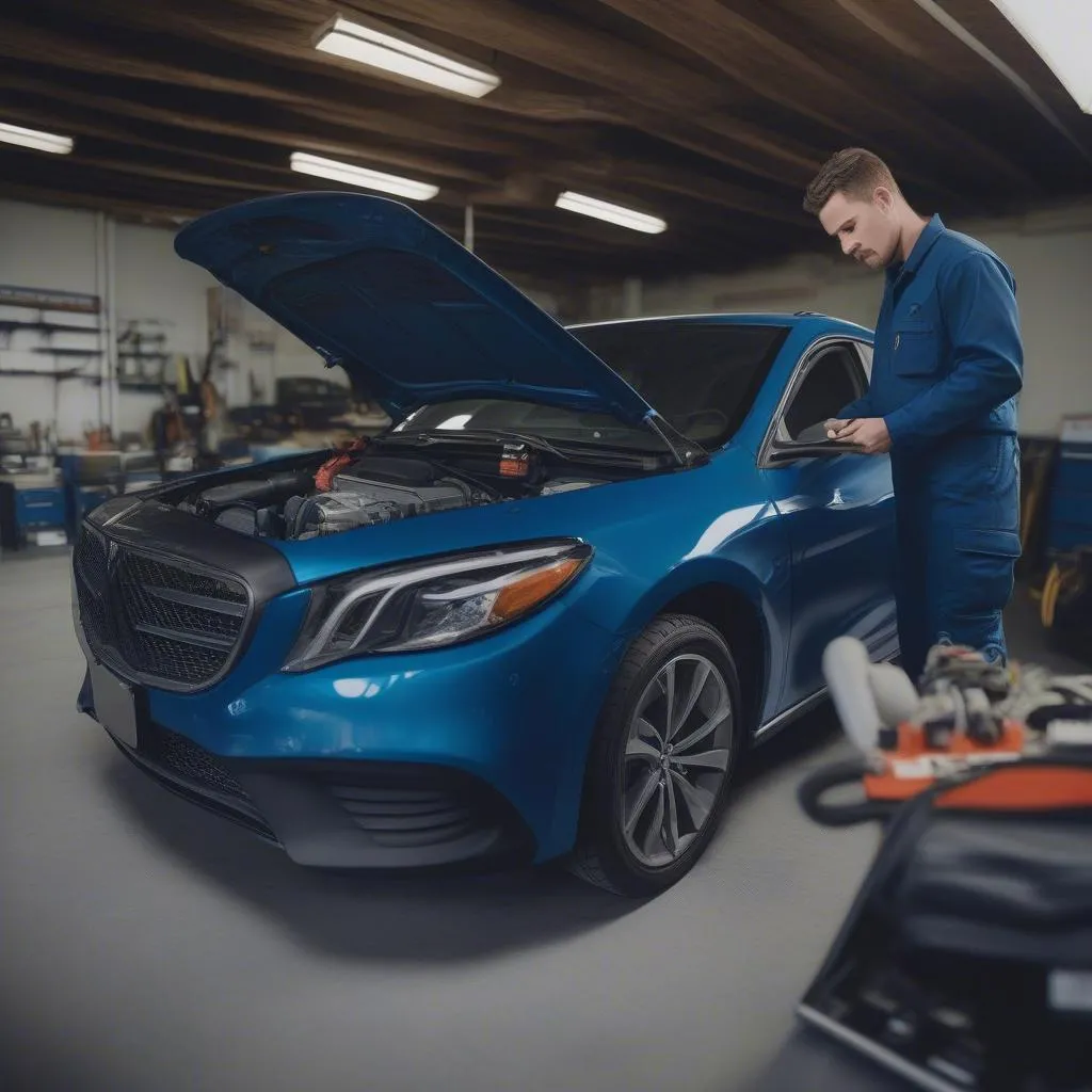 Mechanic using a tablet to diagnose a car engine problem