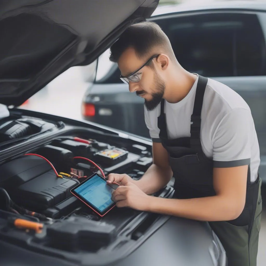 Mechanic Using Tablet Fusebox