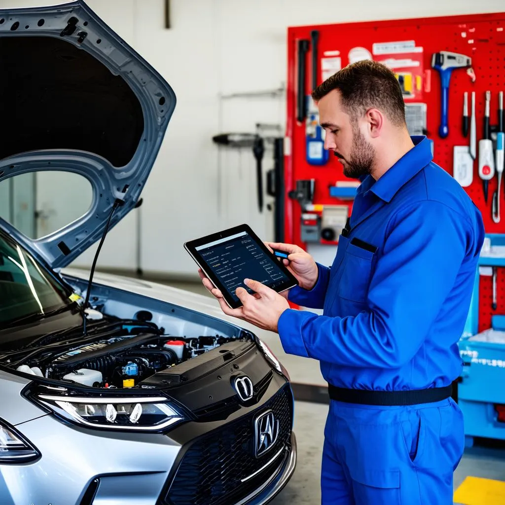 Mechanic Using Tablet with OBD2 Scanner